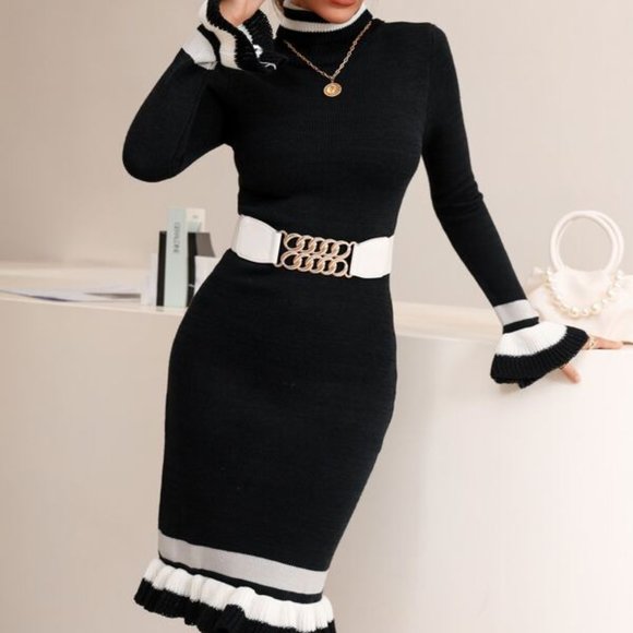 Chic & Contemporary Striped Trim Sweater Dress - Picture 3 of 7